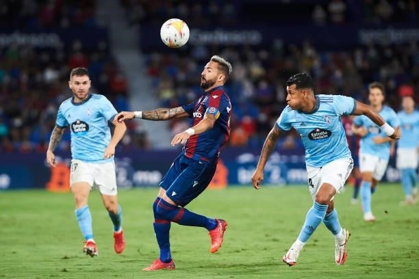 Jose Luis Morales of UD Levante and Jeison Murillo of Celta Vigo battle for the ball during the LaLiga Santander match between Levante UD and RC...