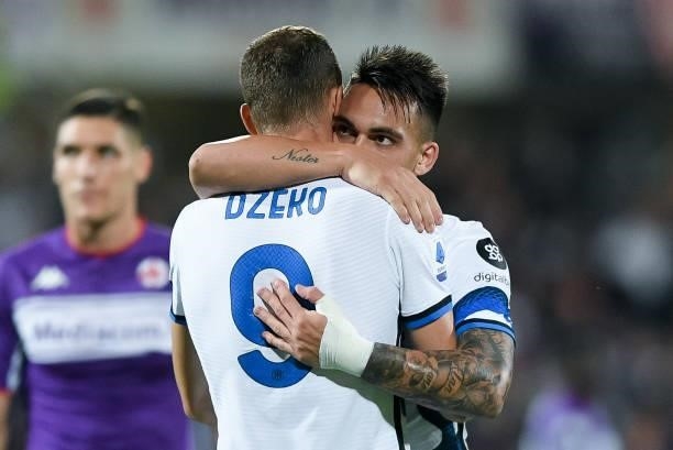 Edin Dzeko of FC Internazionale celebrates with Lautaro Martinez of FC Internazionale after scoring second goal during the Serie A match between ACF...