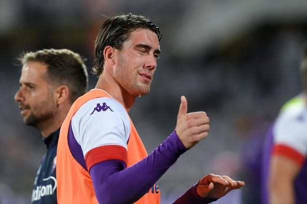 Dusan Vlahovic of ACF Fiorentina gestures during the Serie A match between ACF Fiorentina and FC Internazionale at Stadio Artemio Franchi, Florence,...