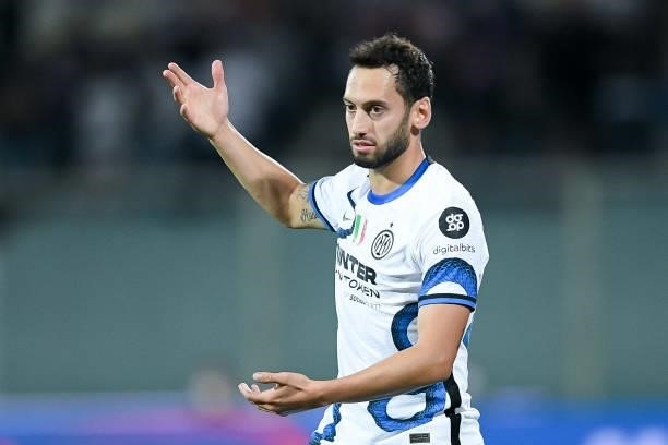 Hakan Calhanoglu of FC Internazionale looks on during the Serie A match between ACF Fiorentina and FC Internazionale at Stadio Artemio Franchi,...