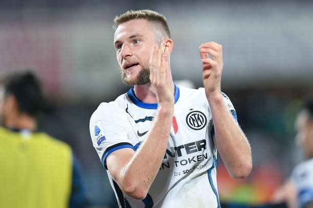 Milan Skriniar of FC Internazionale of FC Internazionale celebrates the victory at the end of the Serie A match between ACF Fiorentina and FC...
