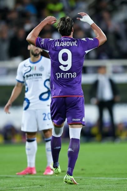 Dusan Vlahovic of ACF Fiorentina looks dejected during the Serie A match between ACF Fiorentina and FC Internazionale at Stadio Artemio Franchi,...