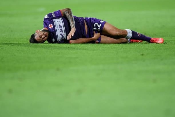 Nicolas Gonzalez of ACF Fiorentina lies down injured during the Serie A match between ACF Fiorentina and FC Internazionale at Stadio Artemio Franchi,...