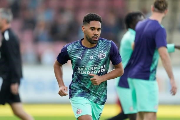 Phillipp Mwene of PSV during the warming up during the Dutch Eredivisie match between Go Ahead Eagles v PSV at the De Adelaarshorst on September 22,...