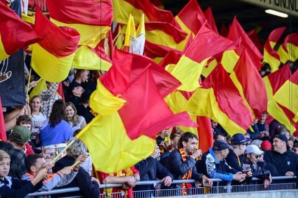 Fans of Go Ahead Eagles during the Dutch Eredivisie match between Go Ahead Eagles and PSV at De Adelaarshorst on September 22, 2021 in Deventer,...