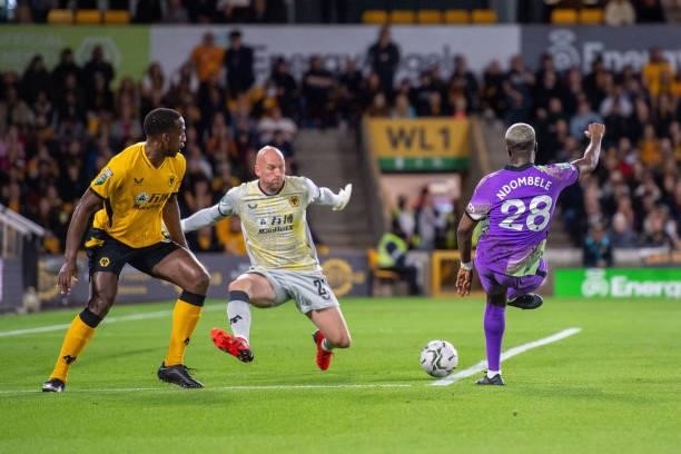Tanguy Ndombele of Tottenham Hotspur scoring the first goal during the Carabao Cup Third Round match between Wolverhampton Wanderers and Tottenham...