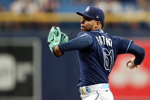 Luis Patino of the Tampa Bay Rays pitches during the game between the Toronto Blue Jays and the Tampa Bay Rays at Tropicana Field on Wednesday,...