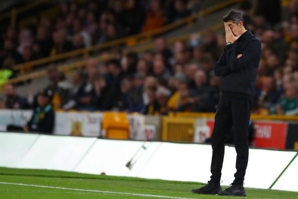 Bruno Lage the head coach / manager of Wolverhampton Wanderers stands dejected during the Carabao Cup Third Round match between Wolverhampton...