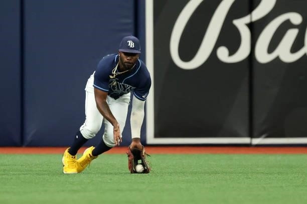 Randy Arozarena of the Tampa Bay Rays makes a running catch in the first inning during the game between the Toronto Blue Jays and the Tampa Bay Rays...