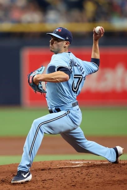Julian Merryweather of the Toronto Blue Jays pitches in the first inning during the game between the Toronto Blue Jays and the Tampa Bay Rays at...