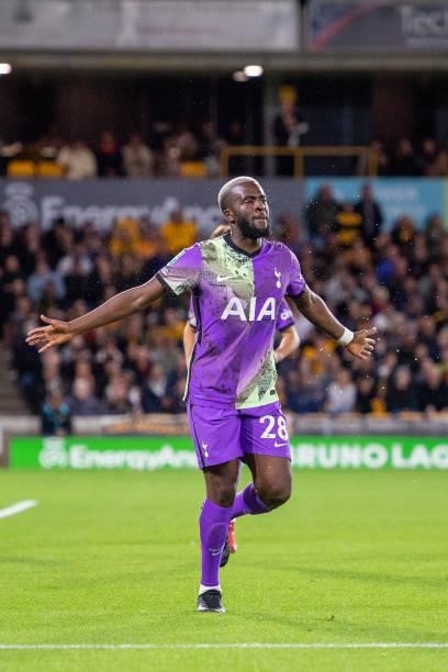 Tanguy Ndombele of Tottenham Hotspur celebrate after scoring 1st goal during the Carabao Cup Third Round match between Wolverhampton Wanderers and...