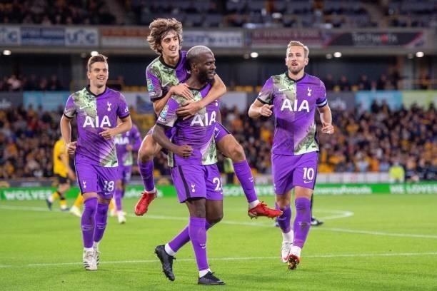 Tanguy Ndombele of Tottenham Hotspur celebrate with Bryan Gil, Harry Kane, Giovani Lo Celso after scoring 1st goal during the Carabao Cup Third Round...