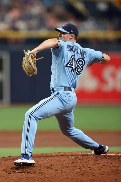 Ross Stripling of the Toronto Blue Jays pitches in the second inning during the game between the Toronto Blue Jays and the Tampa Bay Rays at...