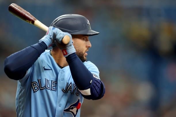 George Springer of the Toronto Blue Jays bats during the game between the Toronto Blue Jays and the Tampa Bay Rays at Tropicana Field on Wednesday,...