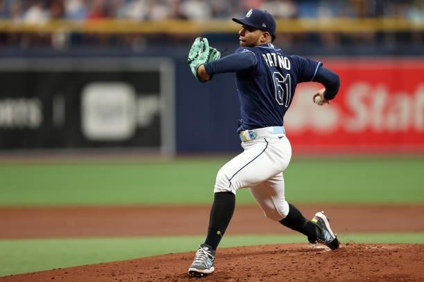 Luis Patino of the Tampa Bay Rays pitches in the second inning during the game between the Toronto Blue Jays and the Tampa Bay Rays at Tropicana...