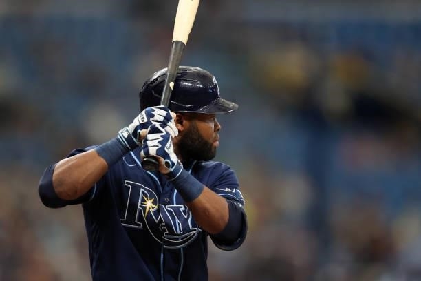 Manuel Margot of the Tampa Bay Rays bats during the game between the Toronto Blue Jays and the Tampa Bay Rays at Tropicana Field on Wednesday,...