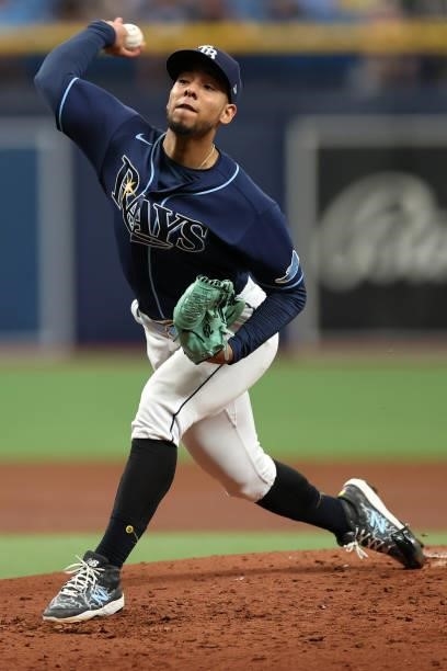 Luis Patino of the Tampa Bay Rays pitches in the second inning during the game between the Toronto Blue Jays and the Tampa Bay Rays at Tropicana...