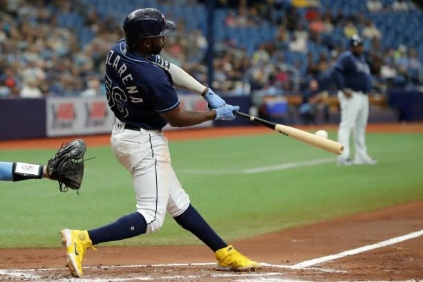 Randy Arozarena of the Tampa Bay Rays hits a double in the third inning during the game between the Toronto Blue Jays and the Tampa Bay Rays at...
