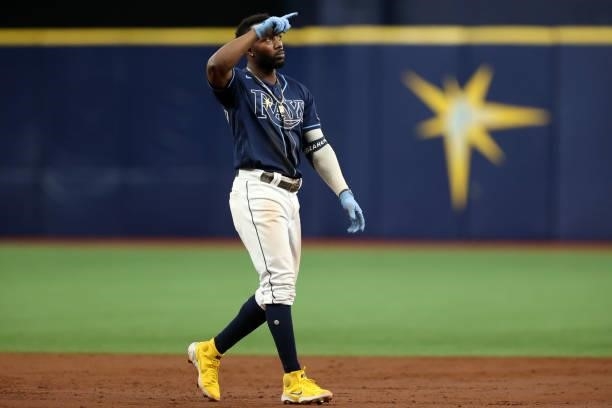 Randy Arozarena of the Tampa Bay Rays reacts after hitting a double in the third inning during the game between the Toronto Blue Jays and the Tampa...