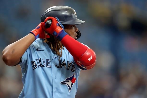 Vladimir Guerrero Jr. #27 of the Toronto Blue Jays bats during the game between the Toronto Blue Jays and the Tampa Bay Rays at Tropicana Field on...