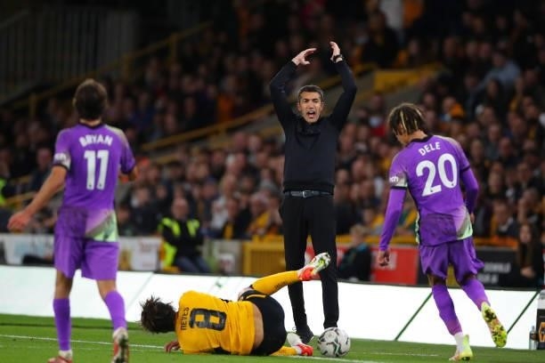 Bruno Lage the head coach / manager of Wolverhampton Wanderers reacts to a foul during the Carabao Cup Third Round match between Wolverhampton...