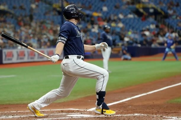 Austin Meadows of the Tampa Bay Rays hits a three run home run in the third inning during the game between the Toronto Blue Jays and the Tampa Bay...