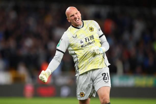 John Ruddy of Wolverhampton Wanderers celebrates after his team scored a goal to make it 2-2 during the Carabao Cup Third Round match between...