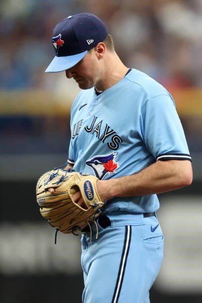Ross Stripling of the Toronto Blue Jays comes out of the game in the third inning during the game between the Toronto Blue Jays and the Tampa Bay...