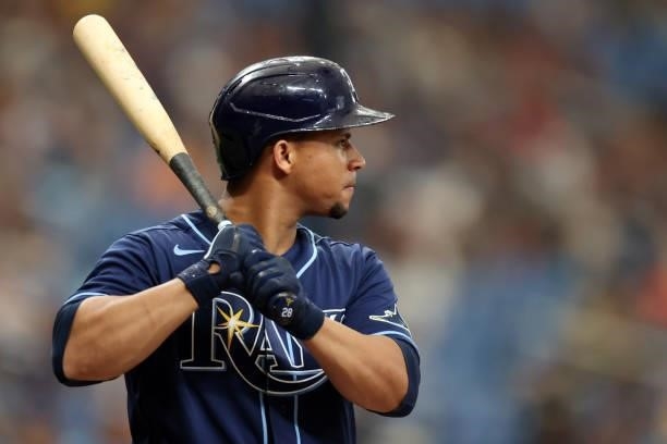 Francisco Mejia of the Tampa Bay Rays bats during the game between the Toronto Blue Jays and the Tampa Bay Rays at Tropicana Field on Wednesday,...