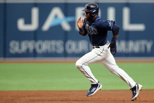 Manuel Margot of the Tampa Bay Rays runs to third in the third inning during the game between the Toronto Blue Jays and the Tampa Bay Rays at...
