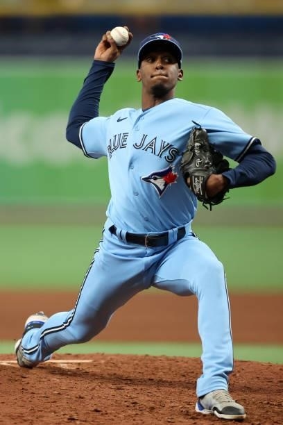 Anthony Castro of the Toronto Blue Jays pitches during the game between the Toronto Blue Jays and the Tampa Bay Rays at Tropicana Field on Wednesday,...