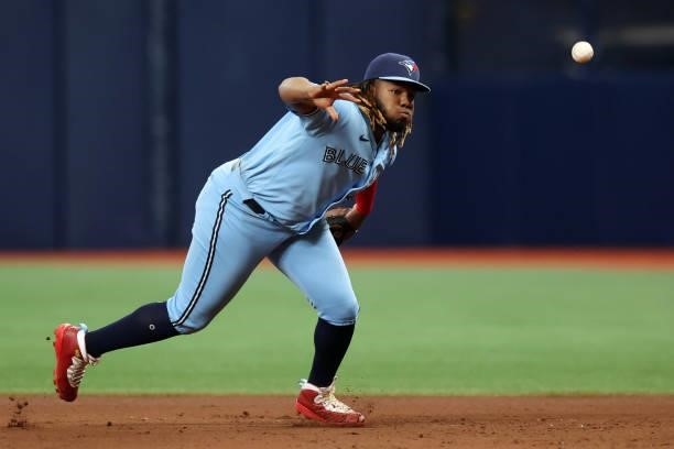 Vladimir Guerrero Jr. #27 of the Toronto Blue Jays fields a ball in the fifth inning during the game between the Toronto Blue Jays and the Tampa Bay...