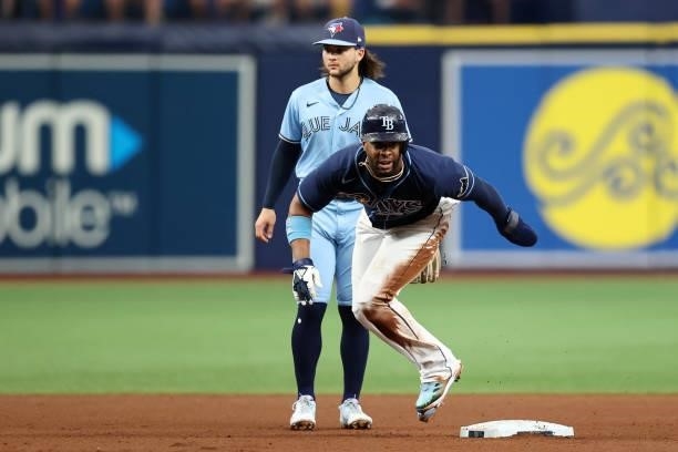 Yandy Diaz of the Tampa Bay Rays takes a lead at second in the fourth inning during the game between the Toronto Blue Jays and the Tampa Bay Rays at...