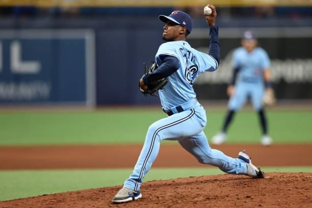 Anthony Castro of the Toronto Blue Jays pitches in the fourth inning during the game between the Toronto Blue Jays and the Tampa Bay Rays at...