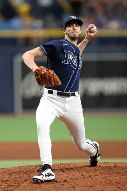 Adam Conley of the Tampa Bay Rays pitches in the fifth inning during the game between the Toronto Blue Jays and the Tampa Bay Rays at Tropicana Field...