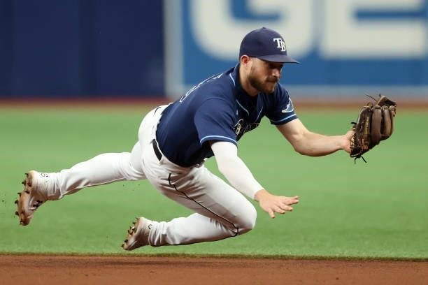 Brandon Lowe of the Tampa Bay Rays fields a ball in the fifth inning during the game between the Toronto Blue Jays and the Tampa Bay Rays at...