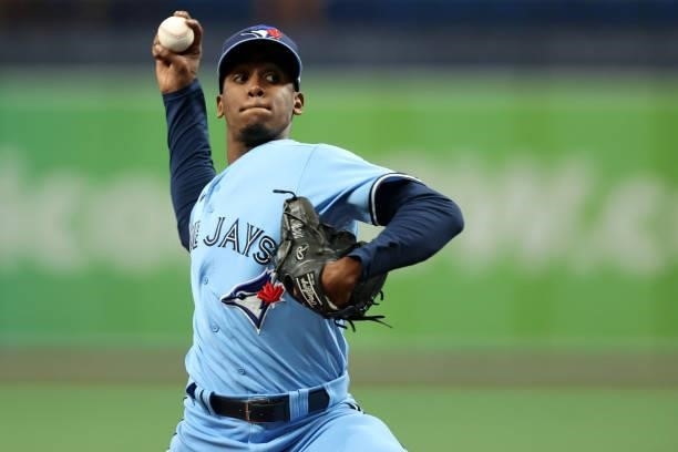 Anthony Castro of the Toronto Blue Jays pitches during the game between the Toronto Blue Jays and the Tampa Bay Rays at Tropicana Field on Wednesday,...