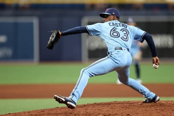 Anthony Castro of the Toronto Blue Jays pitches in the fourth inning during the game between the Toronto Blue Jays and the Tampa Bay Rays at...