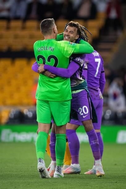 Pierluigi Gollini of Tottenham Hotspur celebrate with Dele Alli during the Carabao Cup Third Round match between Wolverhampton Wanderers and...
