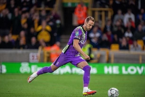 Harry Kane of Tottenham Hotspur scoring goal from penalty spot during the Carabao Cup Third Round match between Wolverhampton Wanderers and Tottenham...