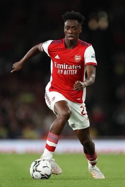 Sambi Lokonga of Arsenal during the Carabao Cup Third Round match between Arsenal and AFC Wimbledon at Emirates Stadium on September 22, 2021 in...