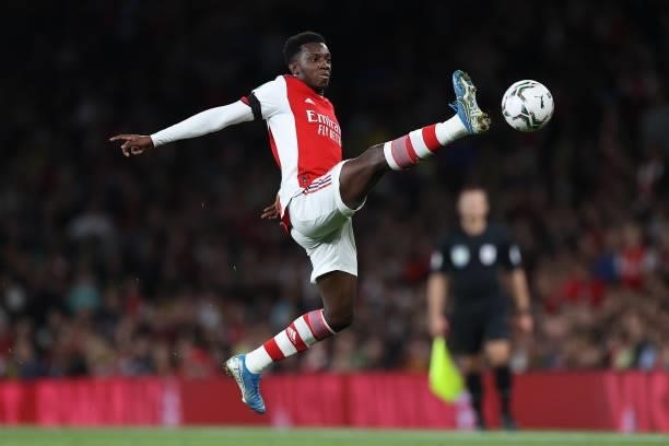 Eddie Nketiah of Arsenal during the Carabao Cup Third Round match between Arsenal and AFC Wimbledon at Emirates Stadium on September 22, 2021 in...