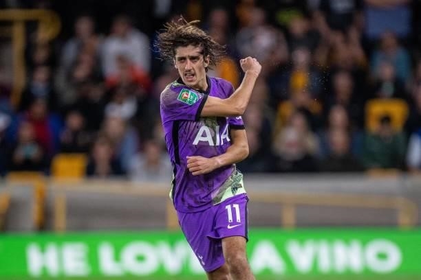 Bryan Gil,of Tottenham Hotspur celebrate after scoring from penalty spot during penalty shoot out during the Carabao Cup Third Round match between...
