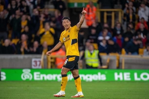 Hee Chan Hwang of Wolverhampton Wanderers celebrates after scoring goal during penalty shootout during the Carabao Cup Third Round match between...