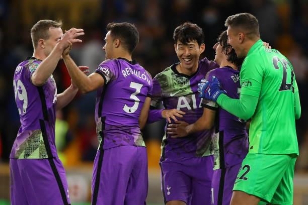 Players of Tottenham Hotspur celebrate winning the penalty shoot out during the Carabao Cup Third Round match between Wolverhampton Wanderers and...