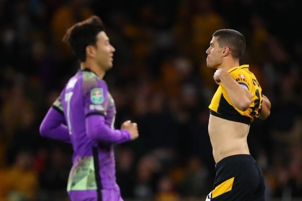 Conor Coady of Wolverhampton Wanderers react after missing the decisive penalty during the Carabao Cup Third Round match between Wolverhampton...