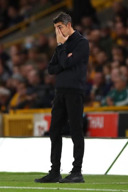 Bruno Lage the head coach / manager of Wolverhampton Wanderers reacts during the Carabao Cup Third Round match between Wolverhampton Wanderers and...