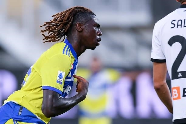 Moise Kean of FC Juventus celebrates after scoring first goal during the Serie A match between Spezia Calcio and FC Juventus at Stadio Alberto Picco...