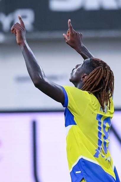 Moise Kean of FC Juventus celebrates after scoring first goal during the Serie A match between Spezia Calcio and FC Juventus at Stadio Alberto Picco...