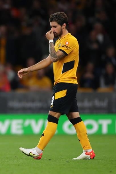 Ruben Neves of Wolverhampton Wanderers reacts after missing his penalty during the Carabao Cup Third Round match between Wolverhampton Wanderers and...